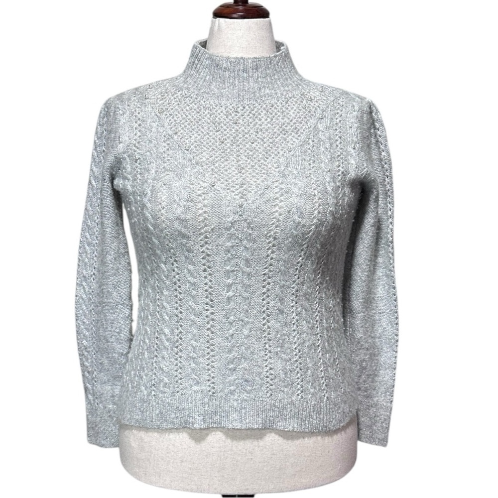 WHBM Soft Gray Mock Turtleneck Sweater Embellished with Pearl Accents Size Large
